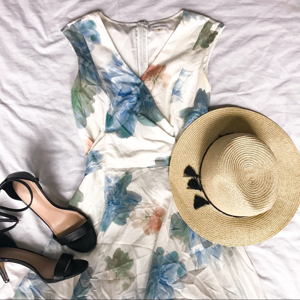 Calvin Klein white floral v-neck midi dress